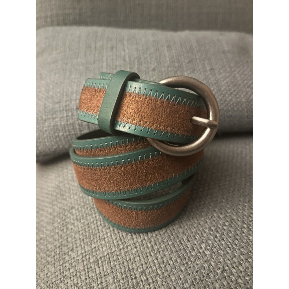 Fossil Women’s Leather Suede Belt Medium Teal Brown Round Buckle Y2K Boho 32-37”